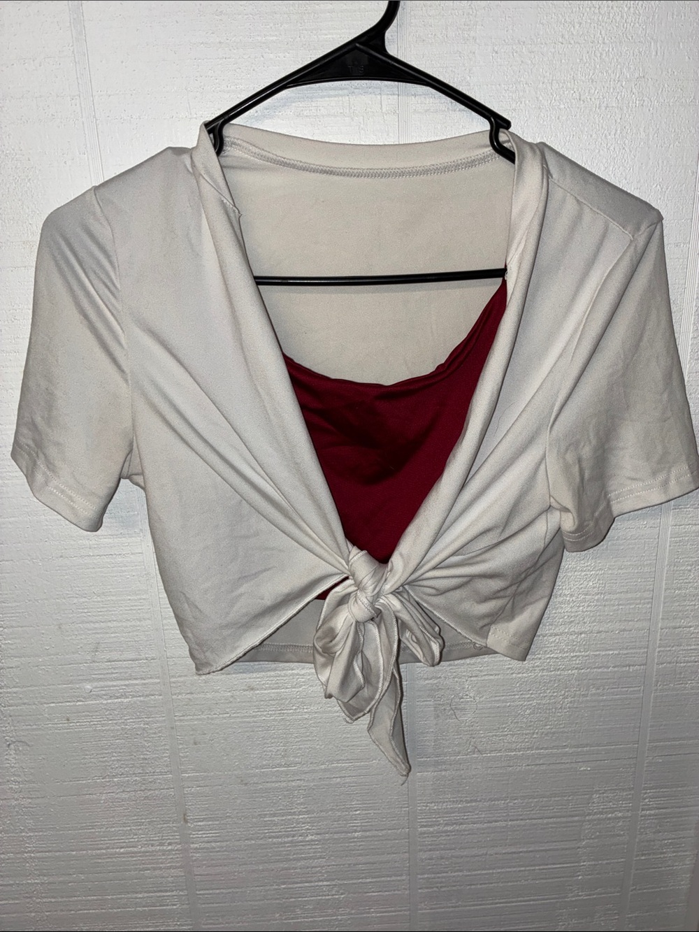 Women's White Tie-Front Top with Burgundy Layered Camisole